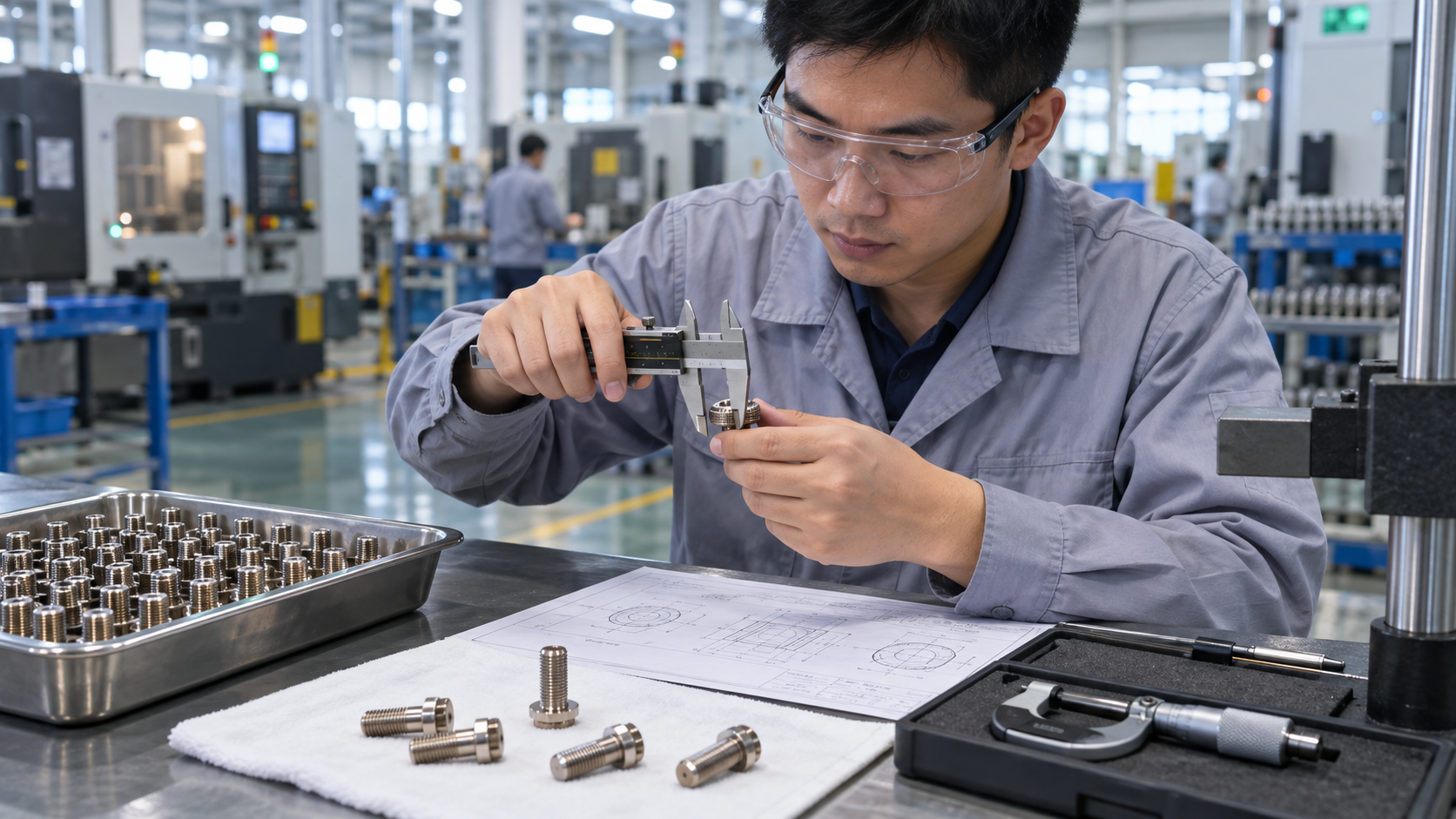 Asian quality engineer measuring machined nickel-copper fasteners with a caliper in a factory inspection station