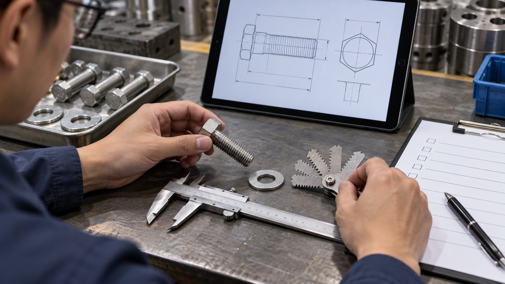 Engineer preparing a Monel fastener RFQ with sample bolt, caliper, thread gauge, and blank specification sheet