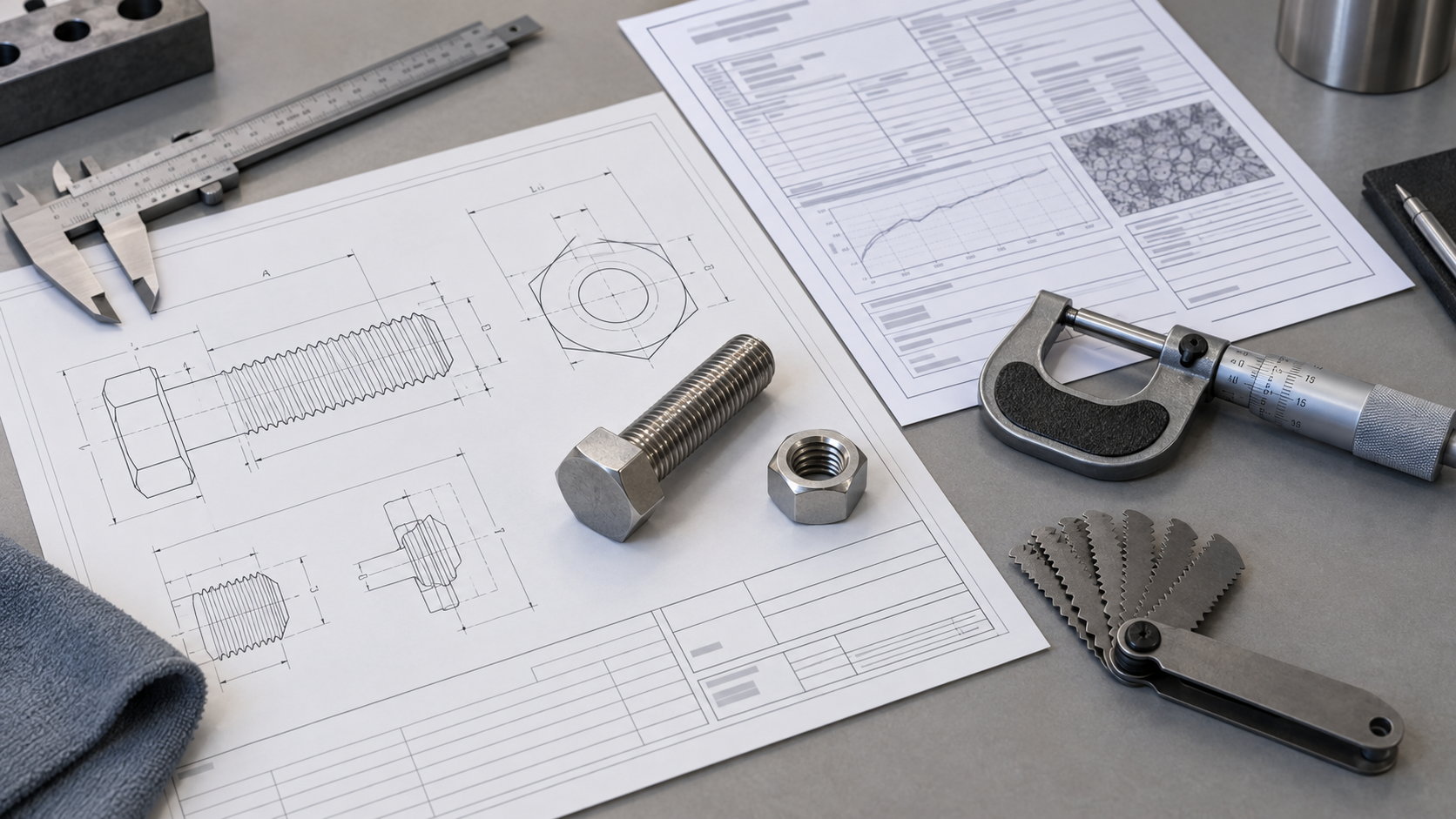 Monel fastener engineering drawing, material certificate, caliper, micrometer, and thread gauge