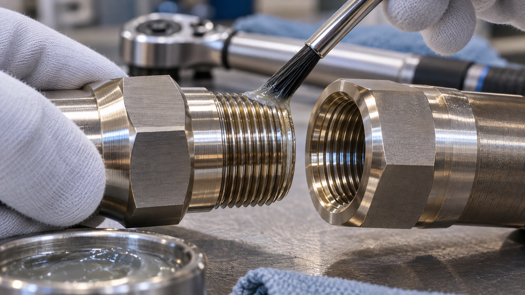 Lubricant applied to clean Monel male and female threads beside a torque tool