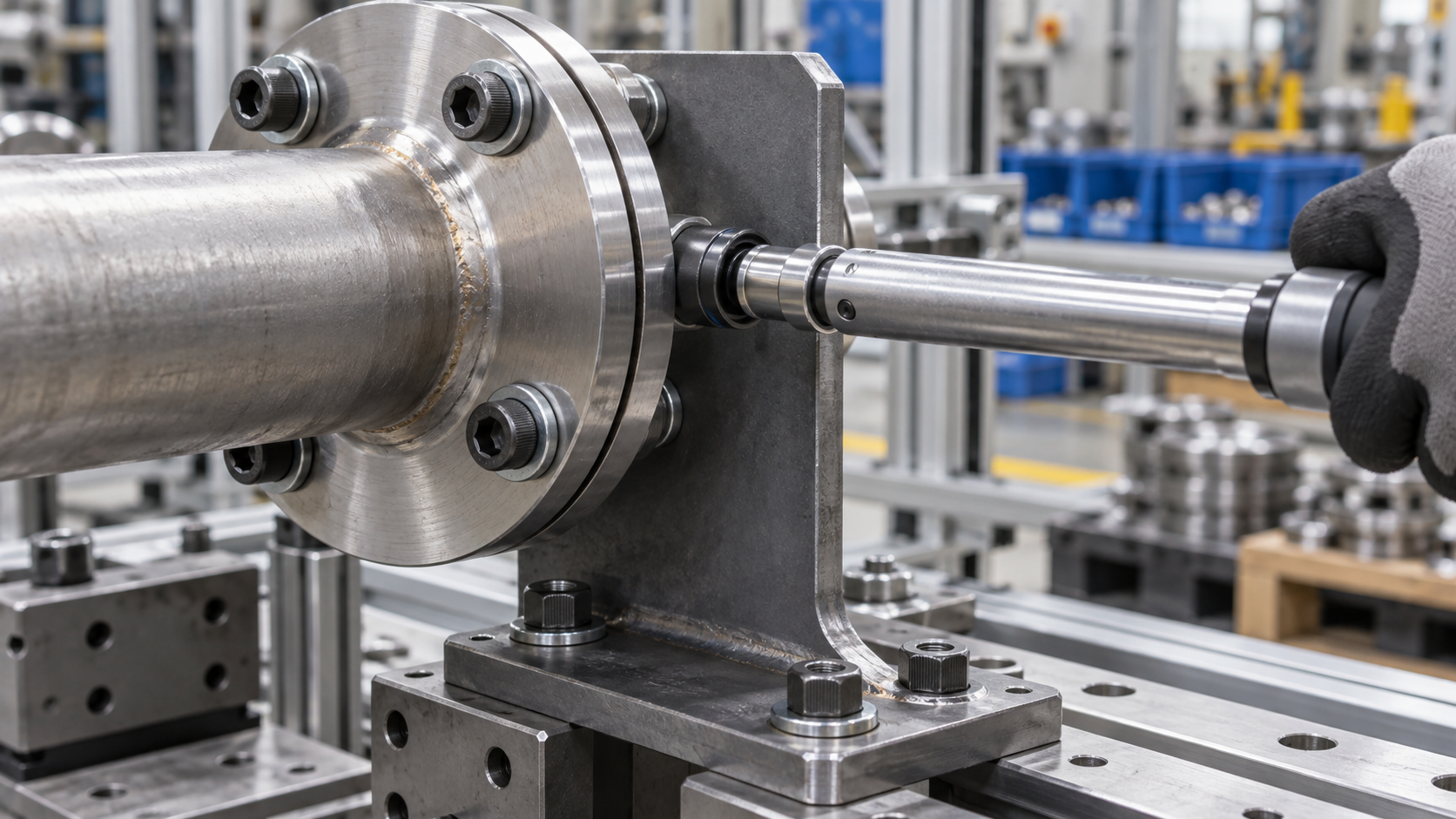 Socket fasteners and washers being fitted to an industrial flange assembly with a torque wrench