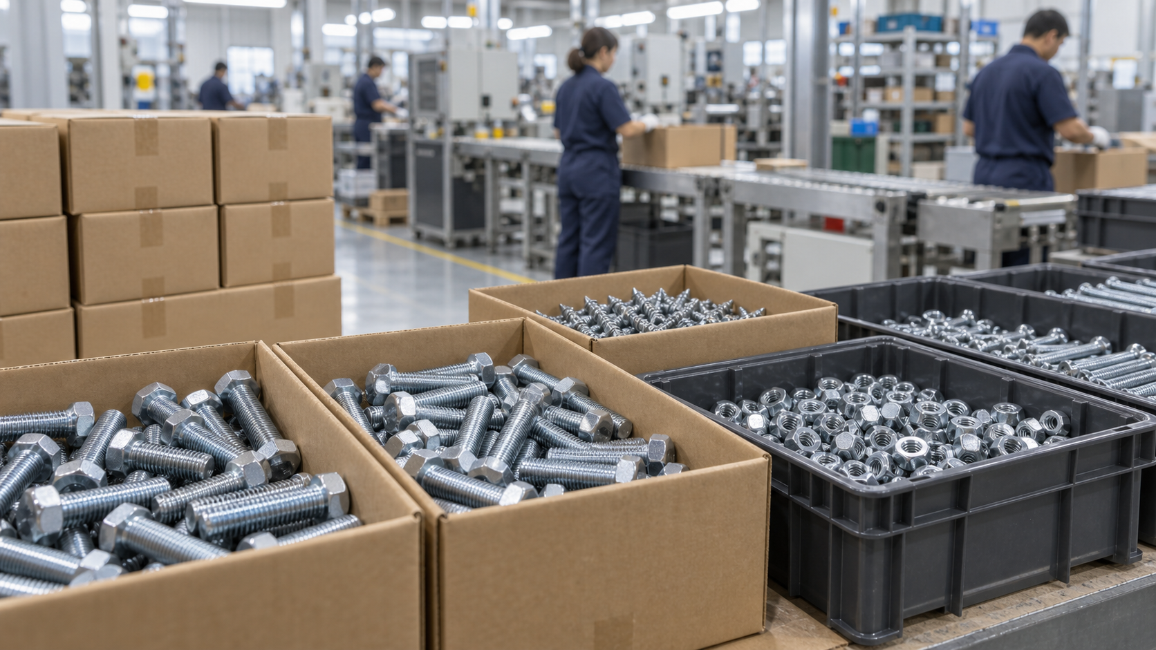 Packed industrial screws and bolts in cartons and reusable trays in an organized production area