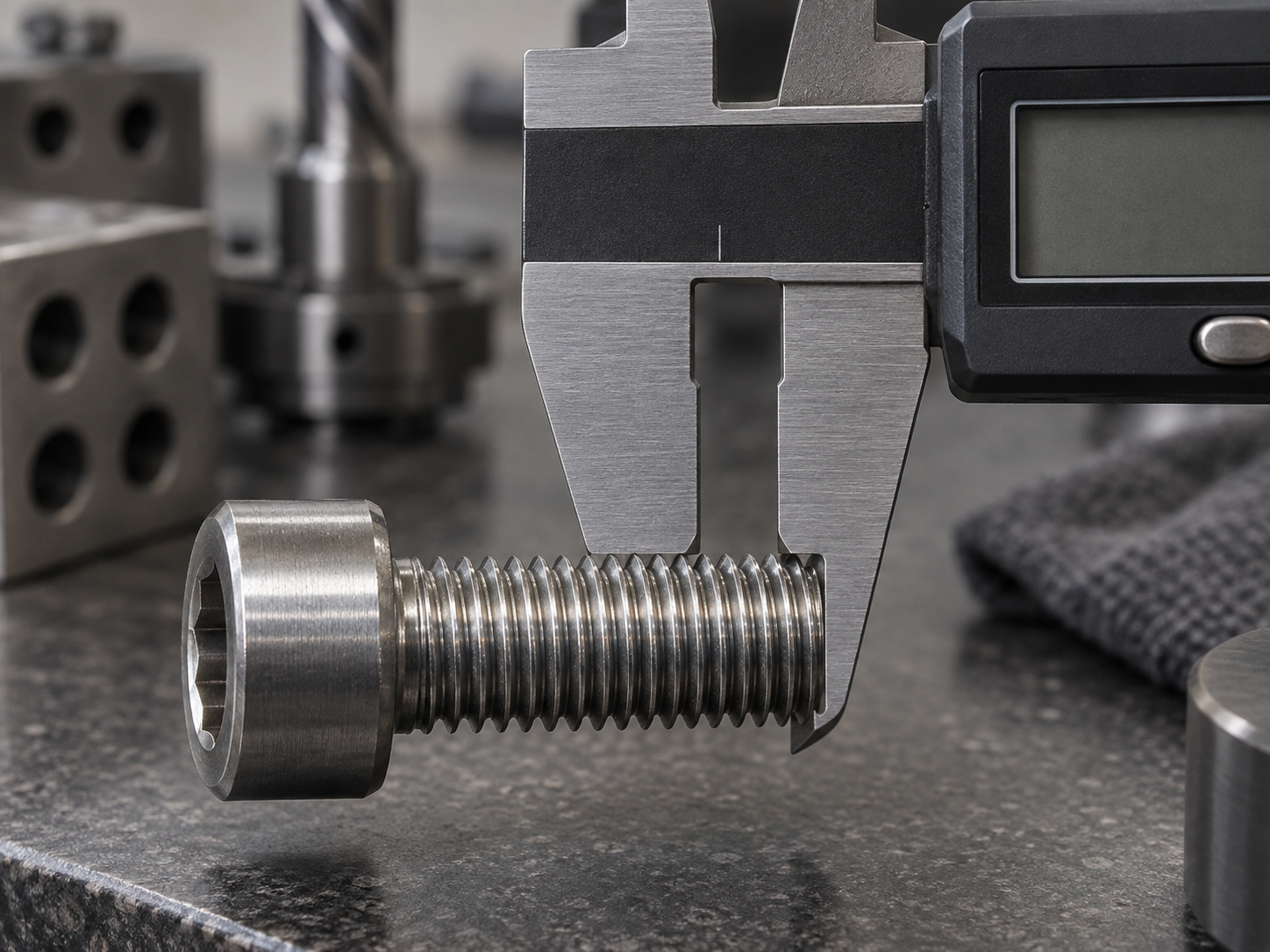 Precision digital caliper measuring the outside diameter of a threaded socket screw
