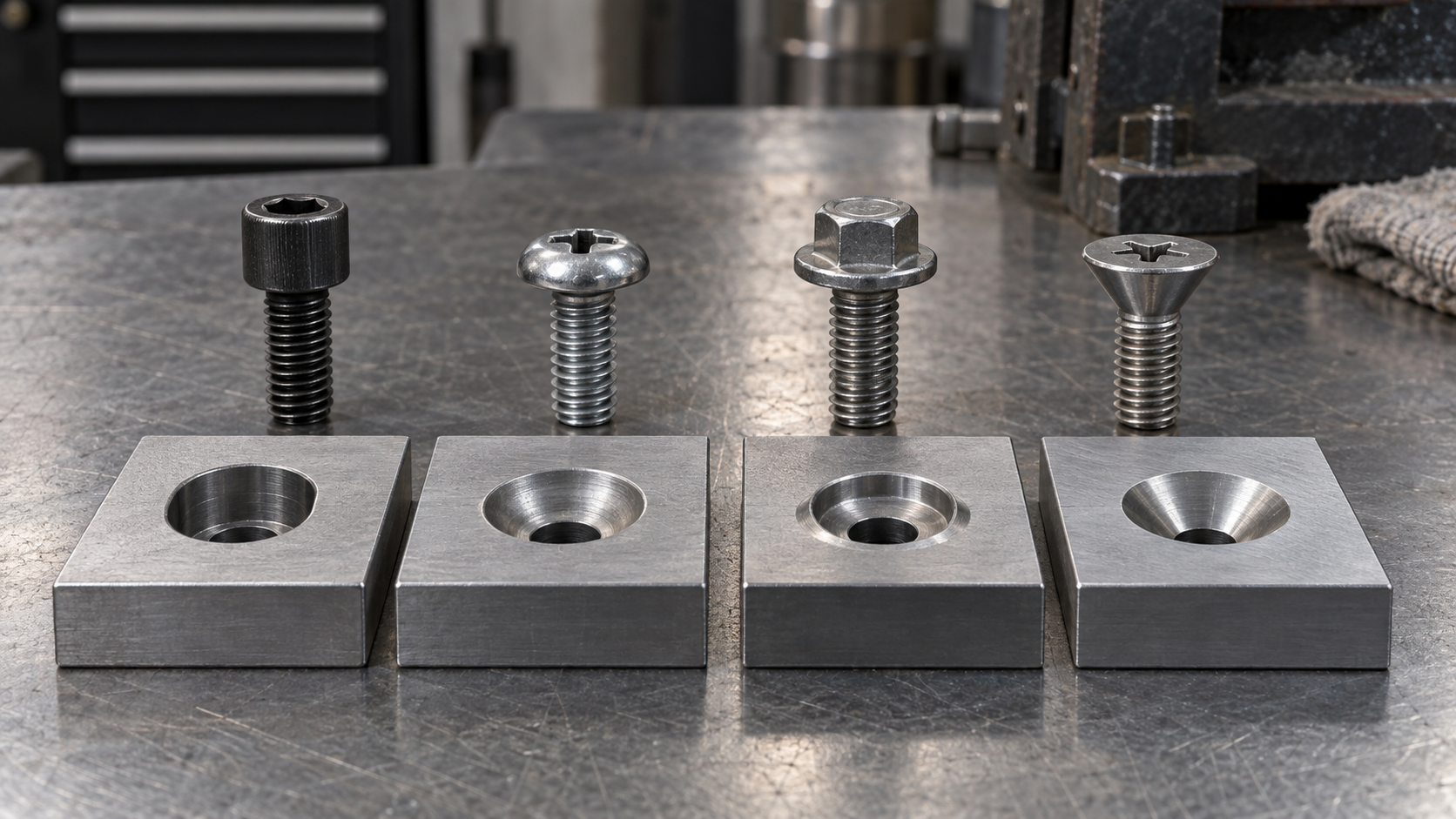 Socket, pan, flange, and countersunk screw heads matched with machined clearance recesses