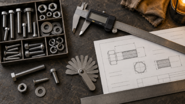 Assorted metric and imperial screws with a caliper and thread gauge on an engineering workbench