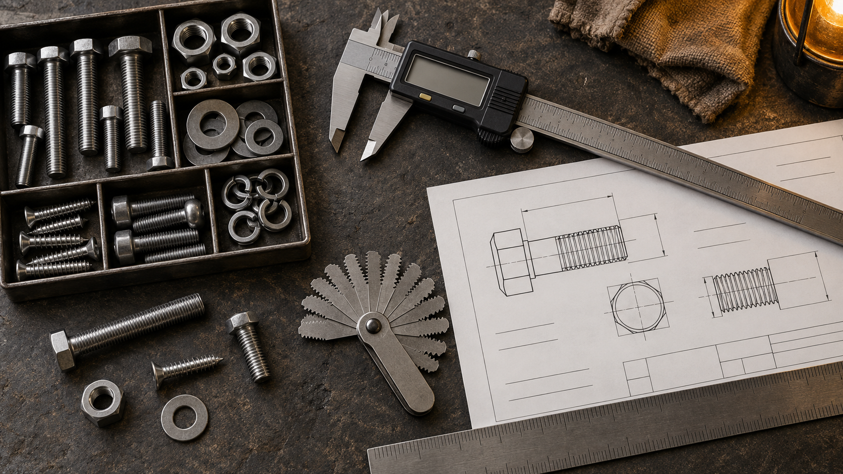 Assorted metric and imperial screws with a caliper and thread gauge on an engineering workbench