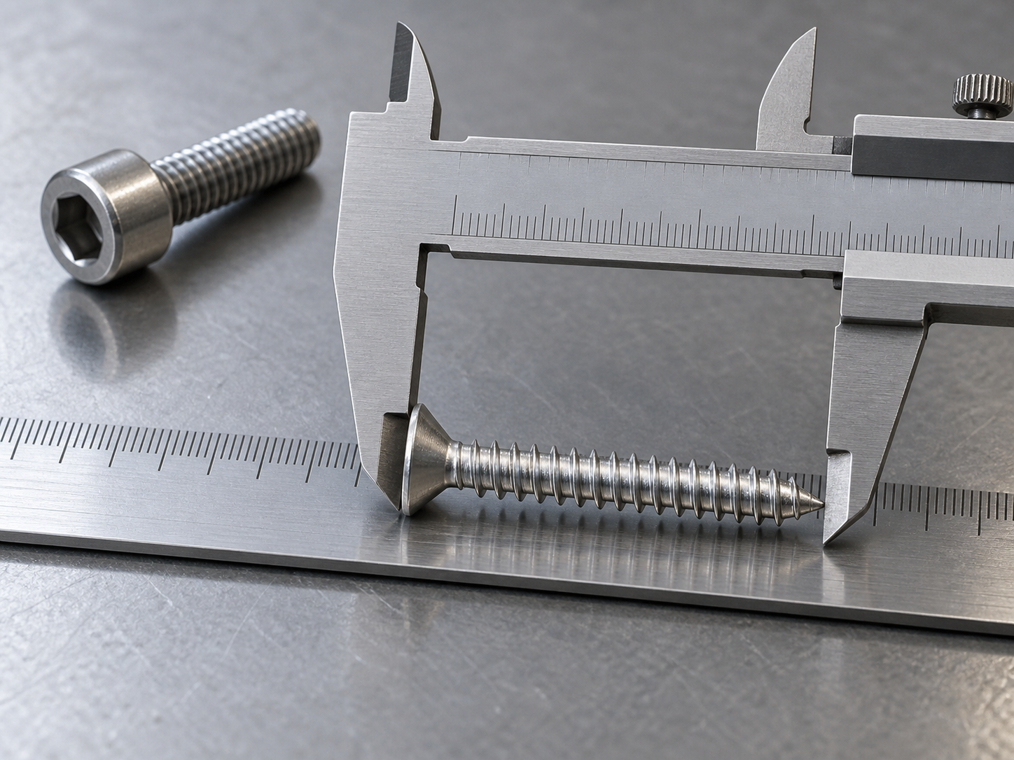 Caliper measuring a countersunk screw length along a precision steel rule