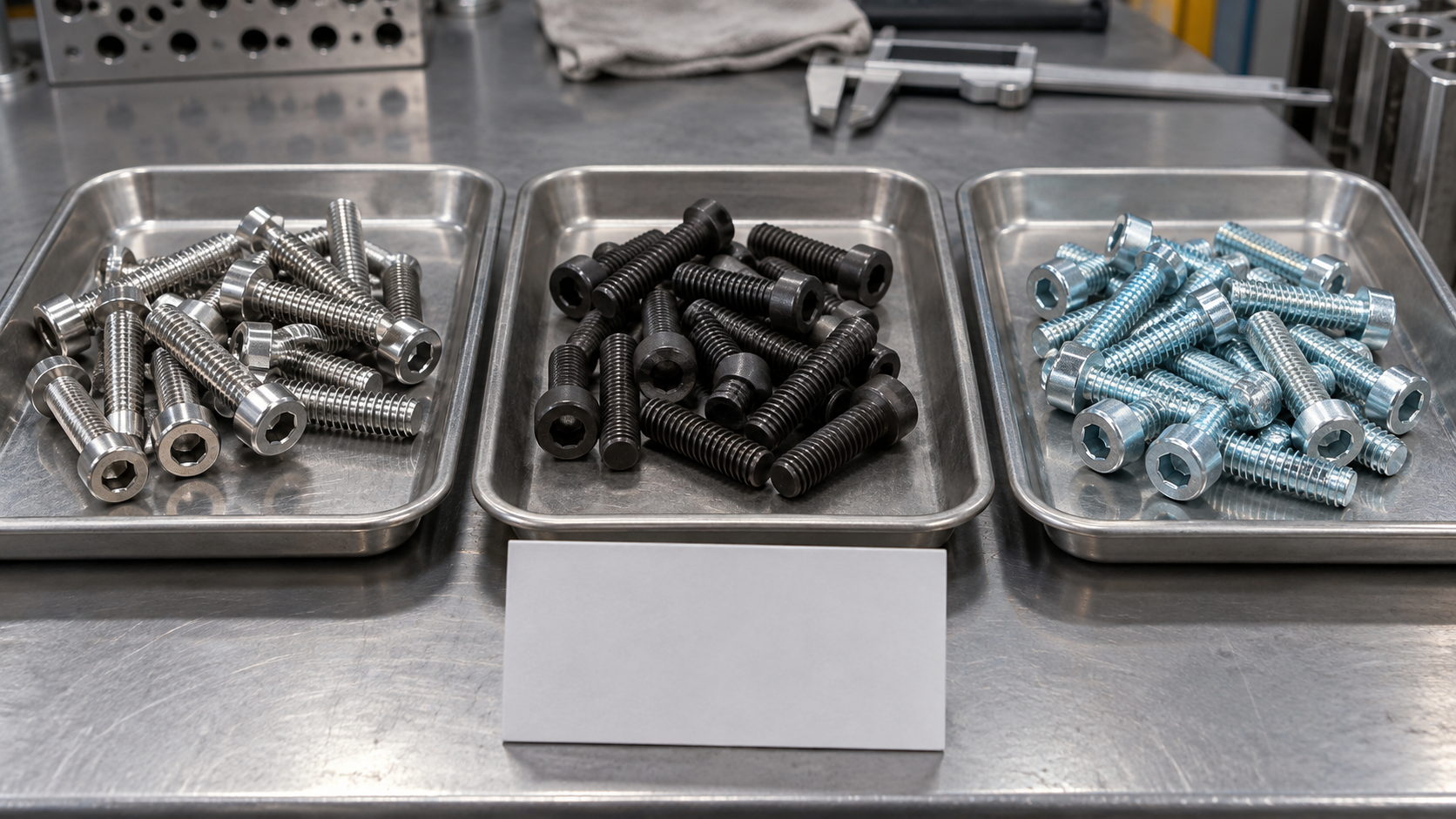 Stainless, dark alloy steel, and zinc-coated socket screws arranged in separate inspection trays