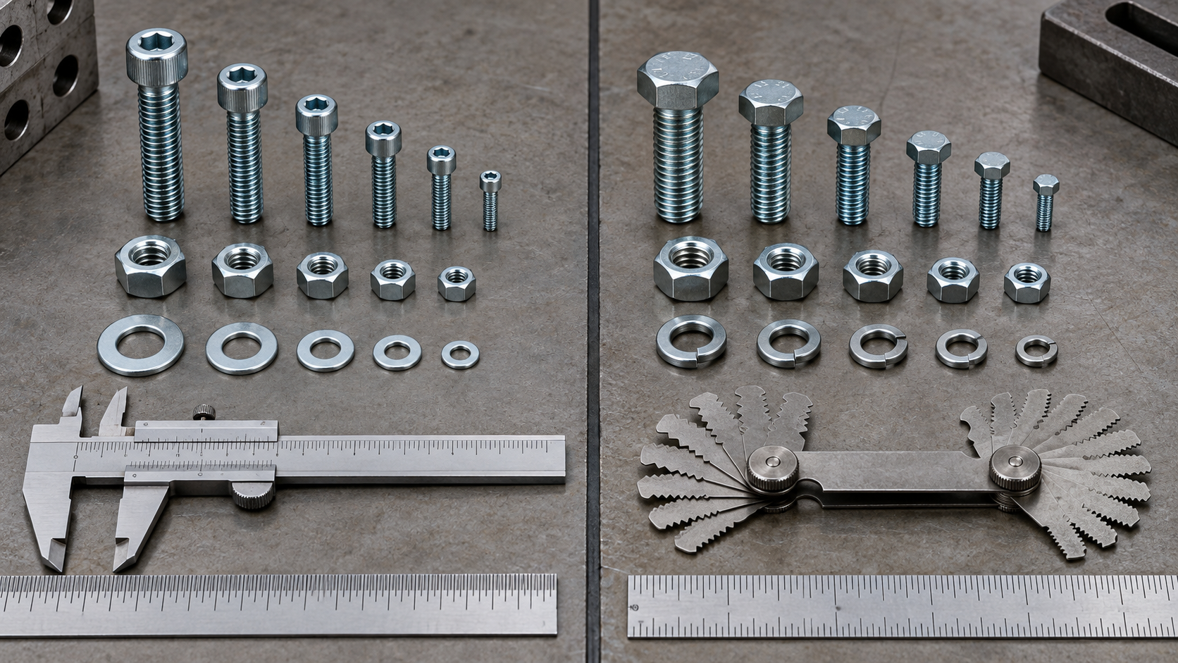 Metric and imperial fasteners arranged beside a metric ruler, inch ruler, caliper, and thread gauge