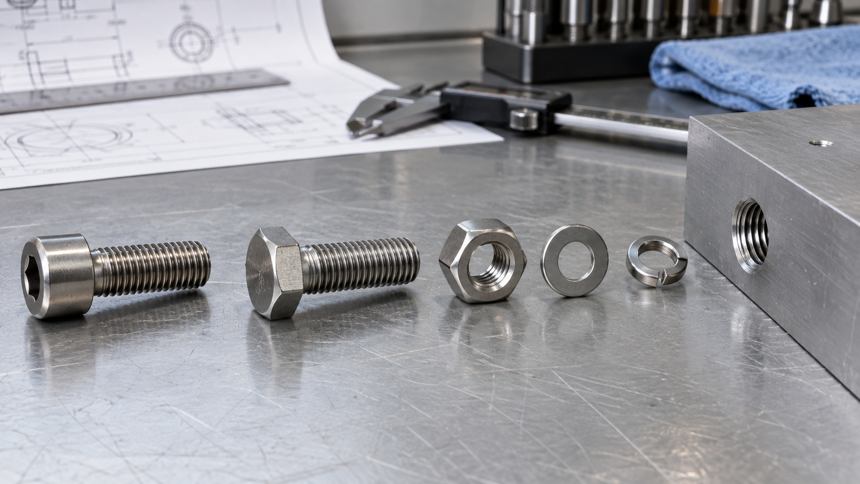 Socket screw, hex bolt, matching nuts, flat washer, and spring washer aligned on an inspection bench