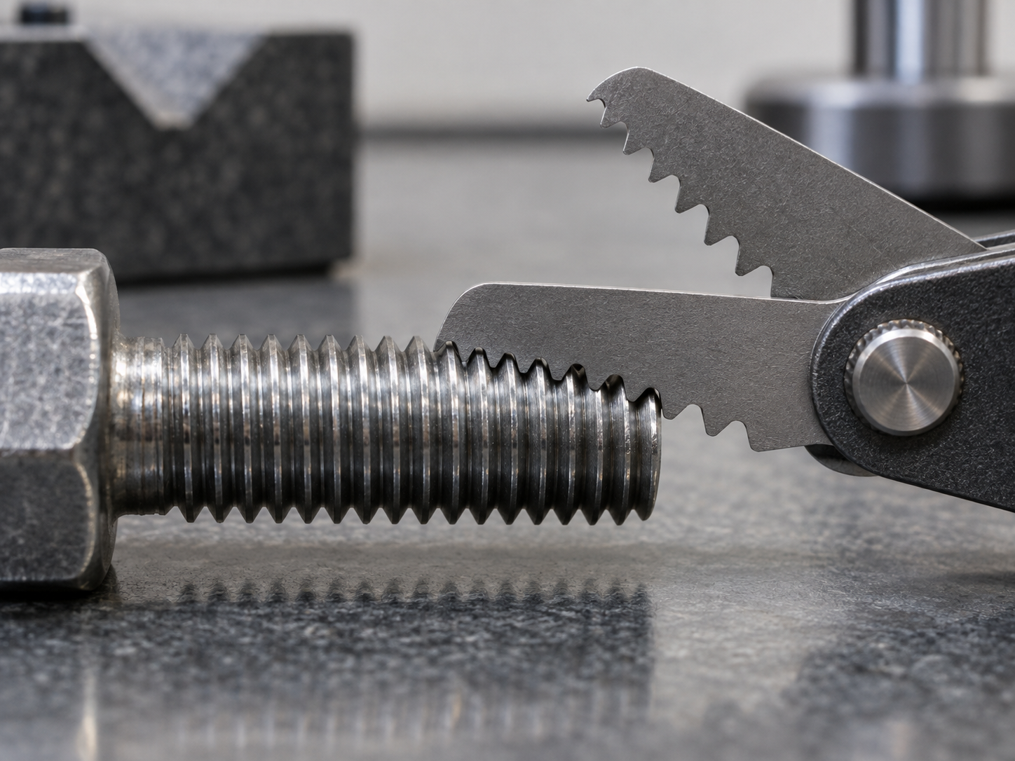 Thread pitch gauge leaf matched against the threads of a steel fastener