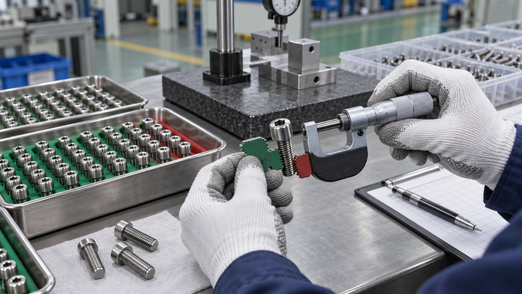 Gloved inspector checking an industrial socket screw with a micrometer and thread gauge