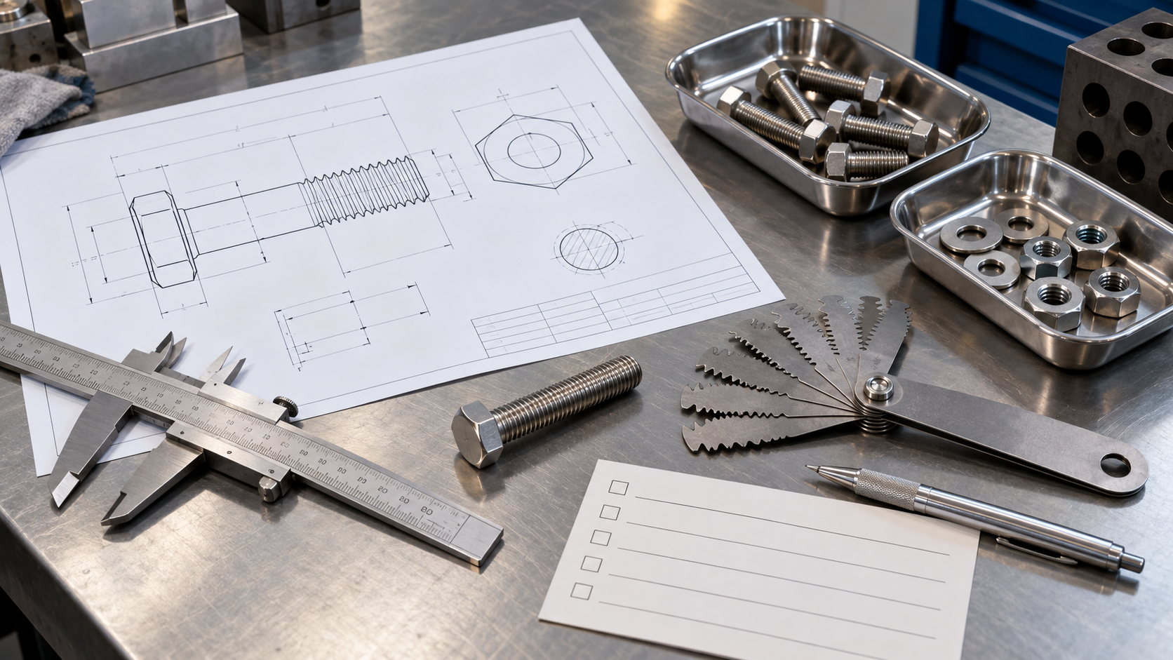 Engineering drawing, caliper, thread gauge, sample fastener, and blank RFQ checklist on a metal desk