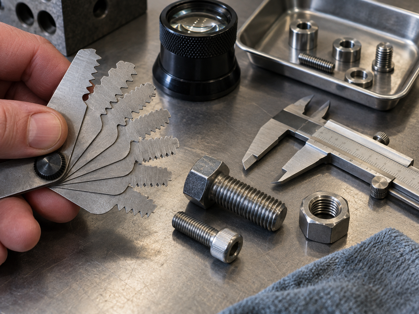 Thread identification bench with gauge leaves, caliper, magnifier, and steel fasteners
