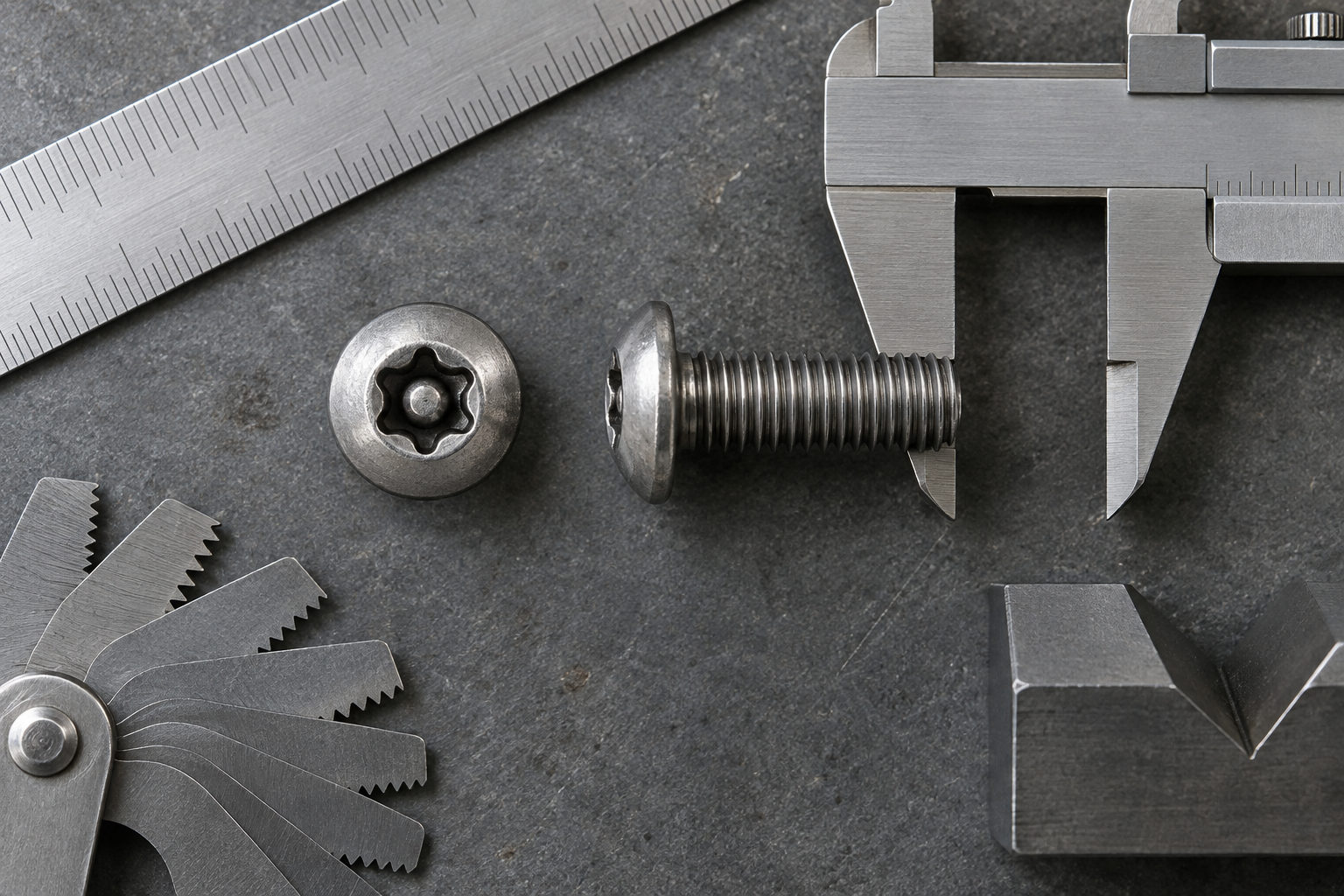 Security Torx screw anatomy shown with the head, central pin, six-lobe recess, thread, and length measurement points