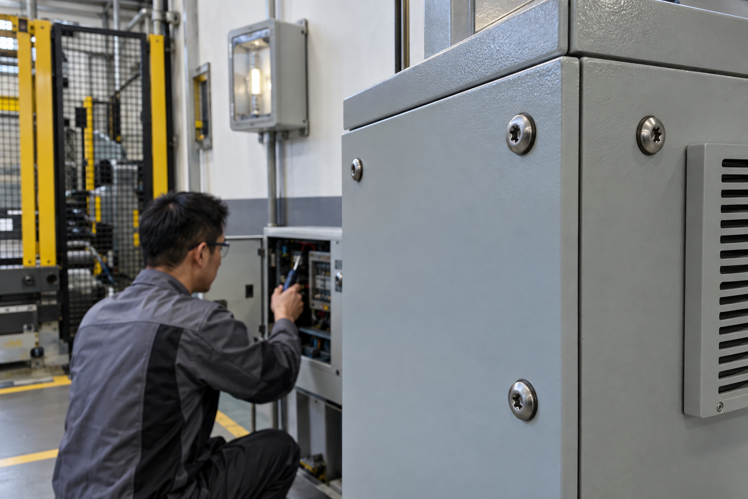 Security Torx screws installed on equipment panels, an enclosure, a public fixture, and a machinery guard