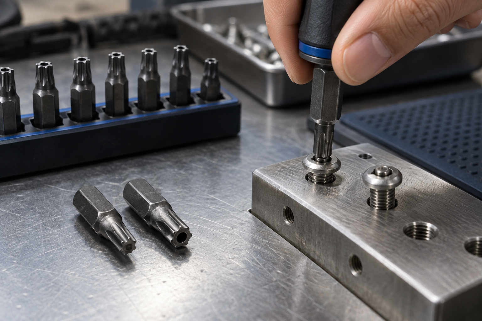 Hollow security Torx bits being checked against pin-in screw heads on an industrial tool tray