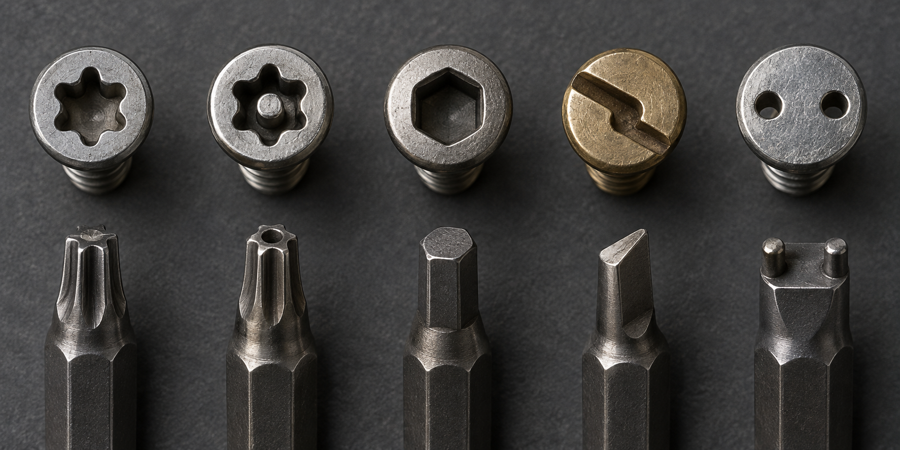 Regular six-lobe, security Torx, hex, one-way, and two-hole fastener drives arranged for comparison