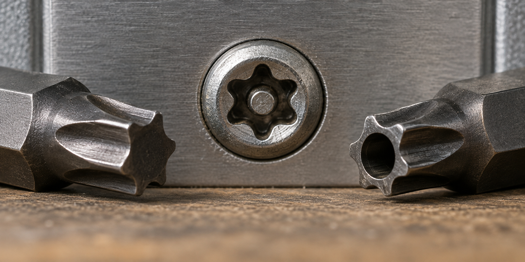 Security Torx screw head with a central pin beside a matching hollow security bit and a regular bit