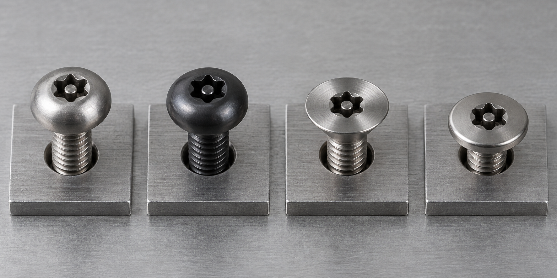 Button head, pan head, countersunk flat head, and low-profile security Torx screw forms on an inspection fixture