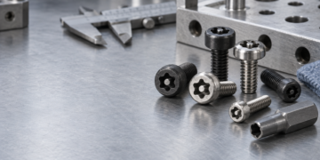 Security Torx screws with matching hollow bits, a caliper, and a steel fixture on an industrial inspection bench