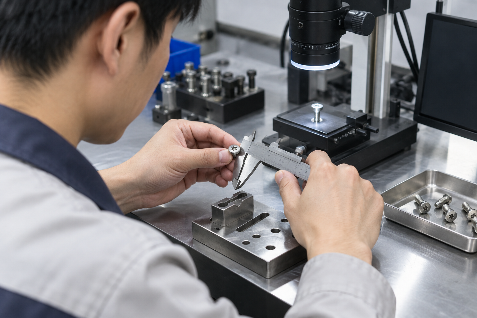 Quality engineer inspecting a security Torx screw recess, central pin, thread, and finish with calipers and an optical station