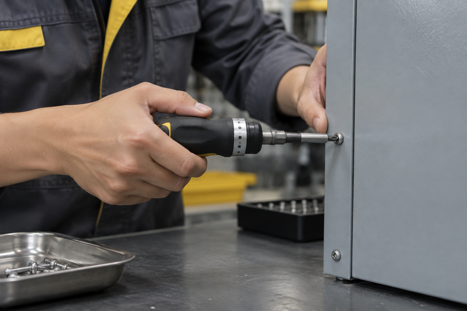 Asian maintenance engineer installing a security Torx screw squarely into a painted steel equipment panel with a hollow bit