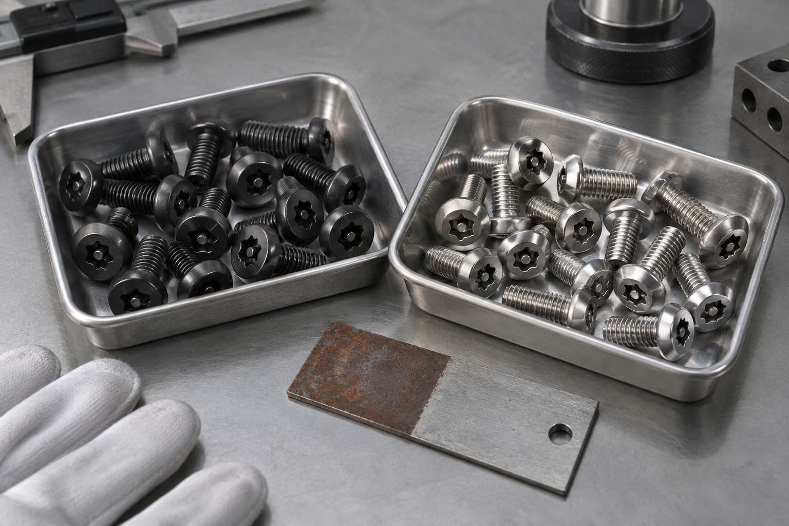 Dark coated carbon steel and bright stainless security Torx screws in separate inspection trays