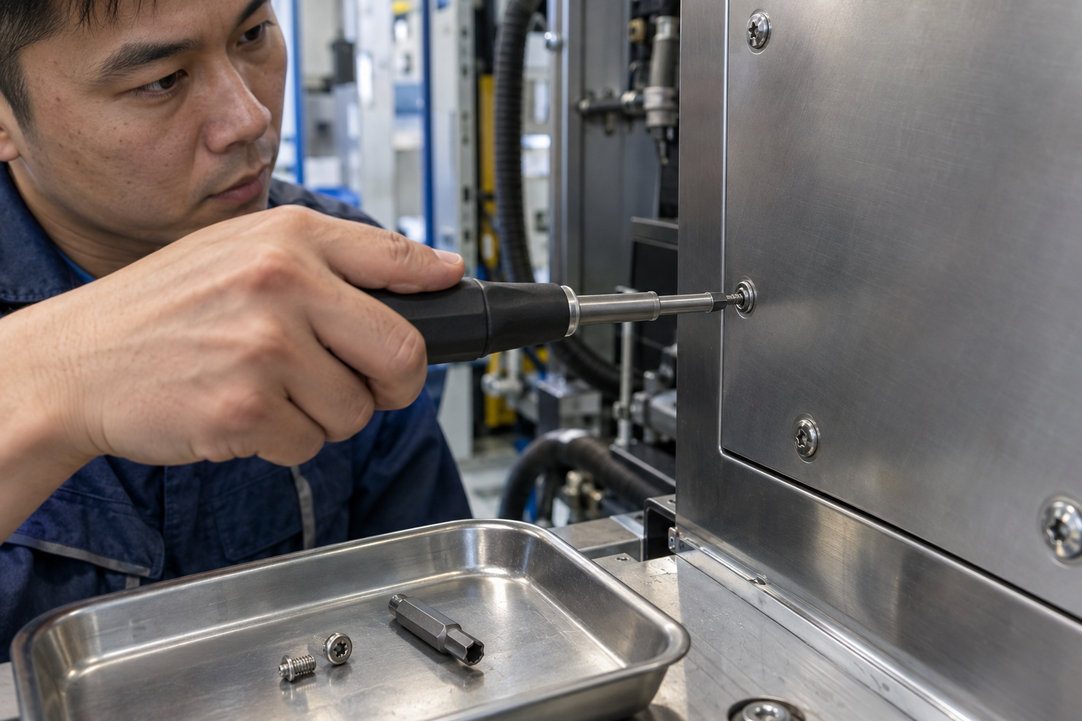Asian service technician removing an intact security Torx screw with a correctly seated hollow bit from an access cover