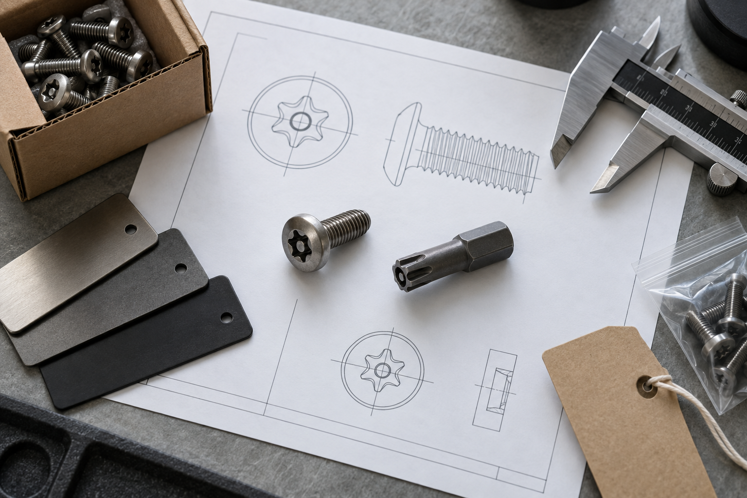 Security Torx screw RFQ package with a blank drawing, sample screw, hollow bit, caliper, material notes, and plain packaging