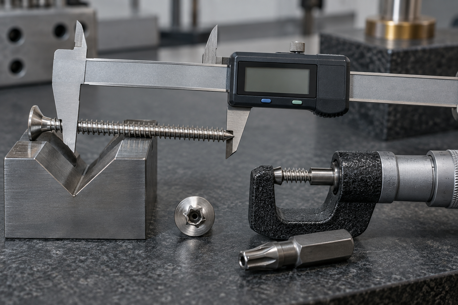 Security Torx screw thread diameter and length measured separately from the hollow bit and drive recess