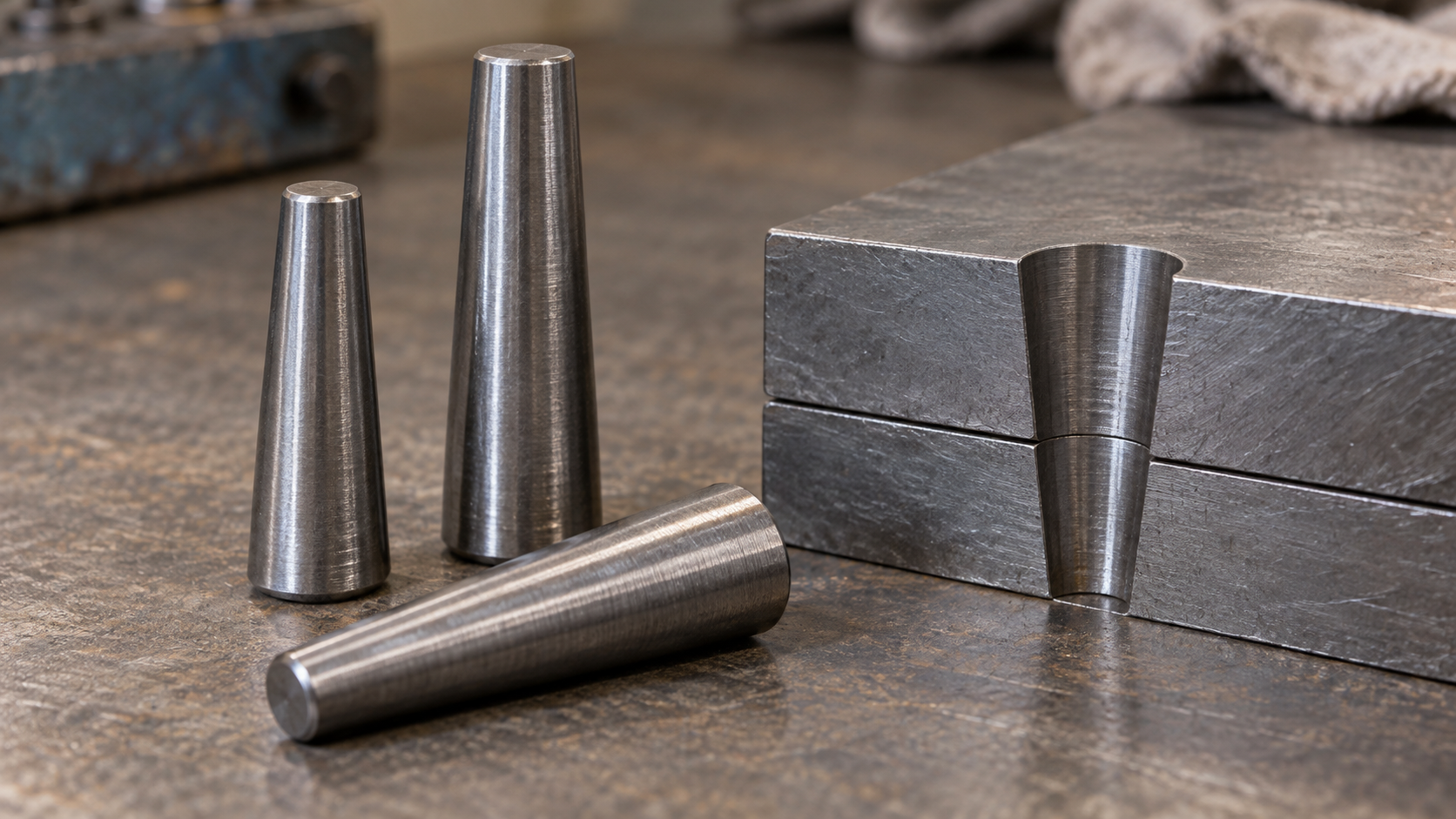 Solid conical taper pins beside a matching tapered hole in aligned steel plates