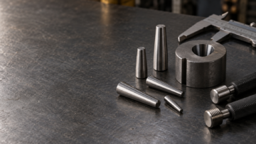 Taper pins with a tapered-hole fixture, caliper, and gauges on an industrial inspection bench