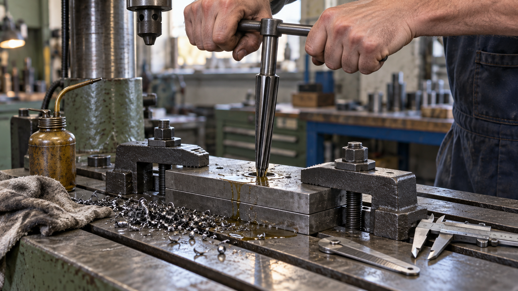 Technician using a hand taper reamer in aligned steel plates