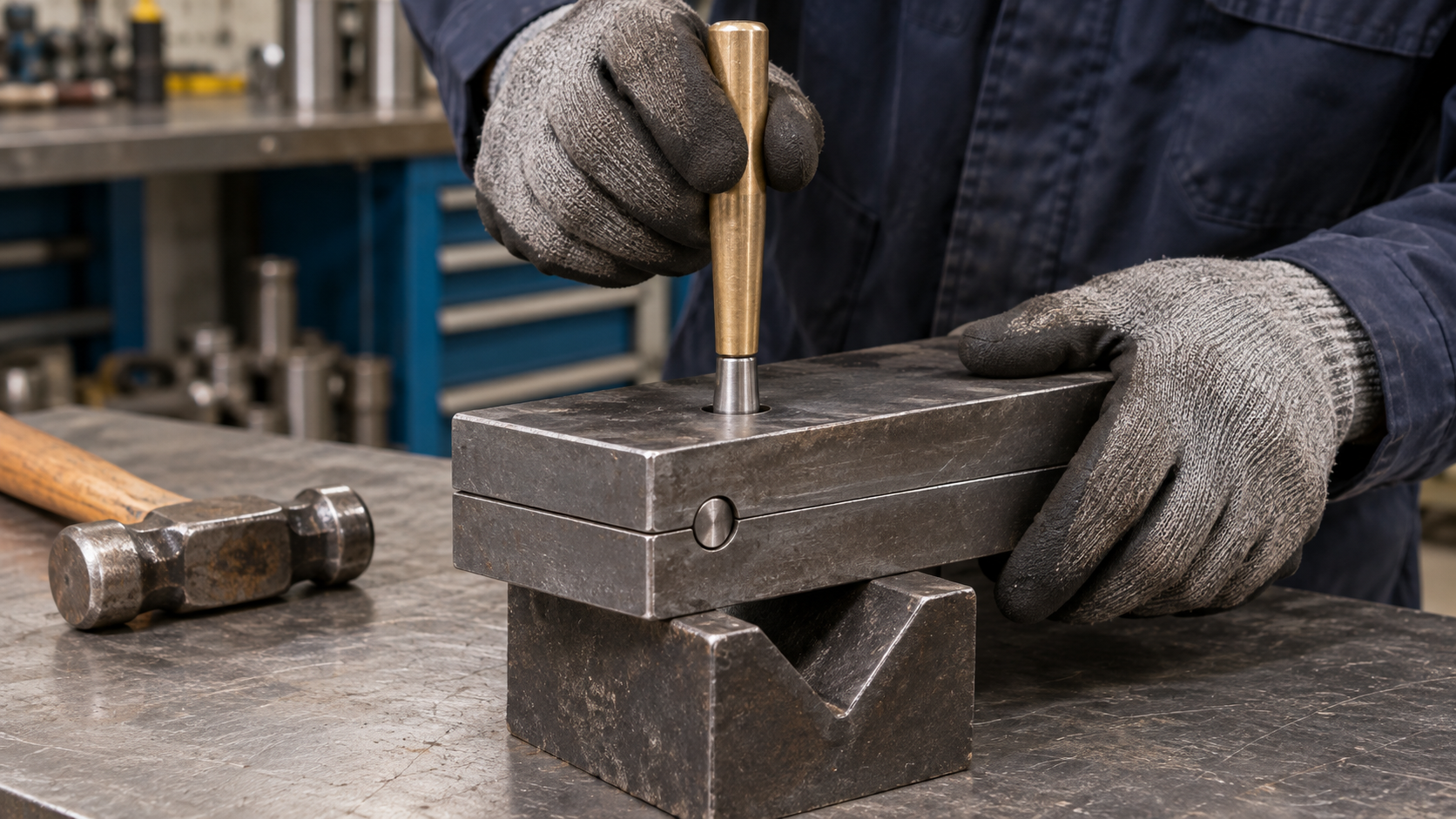Technician seating a taper pin with a brass punch on supported steel plates