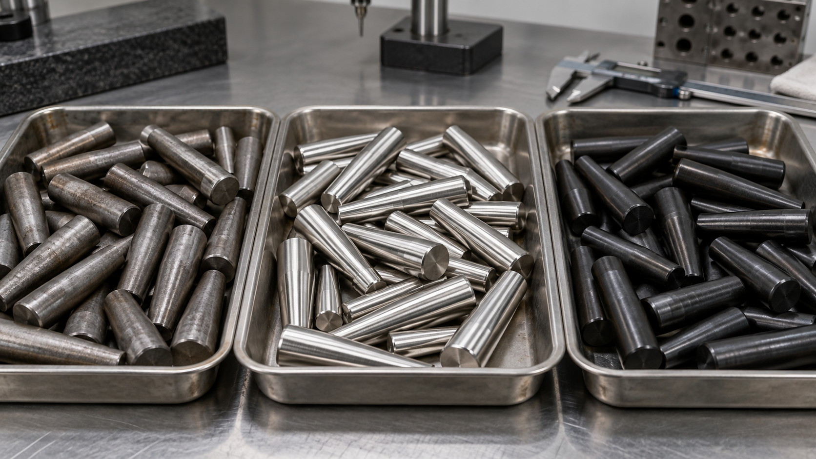 Plain carbon steel, bright stainless steel, and dark alloy steel taper pins in trays