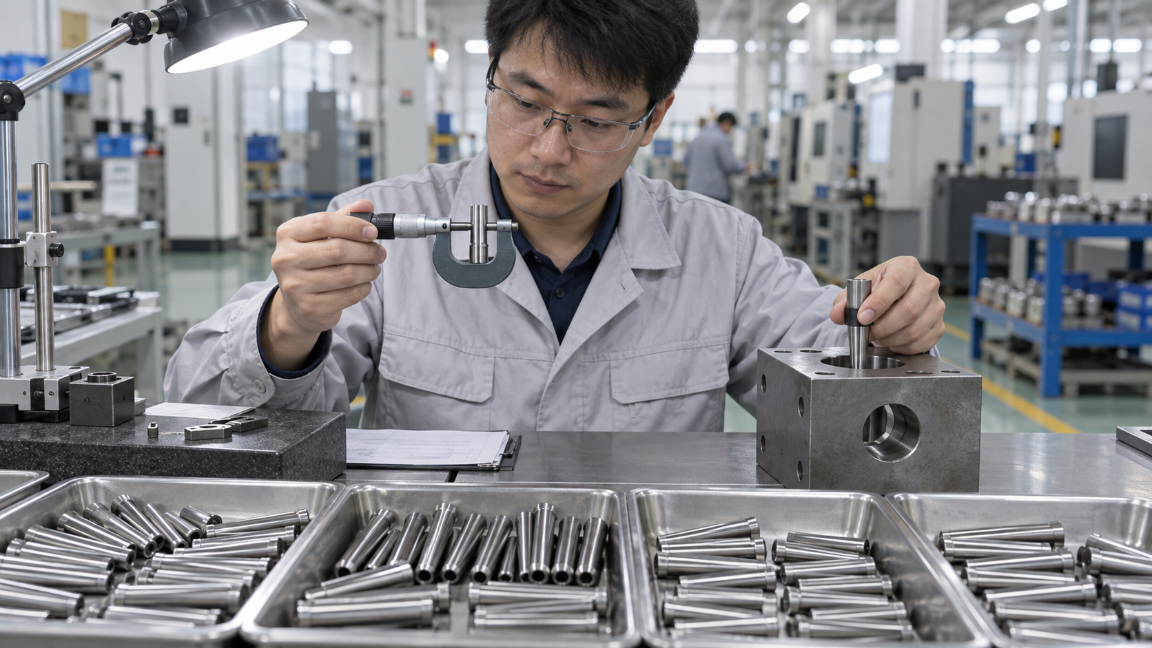 Asian quality engineer measuring taper pins and a tapered bore in a factory