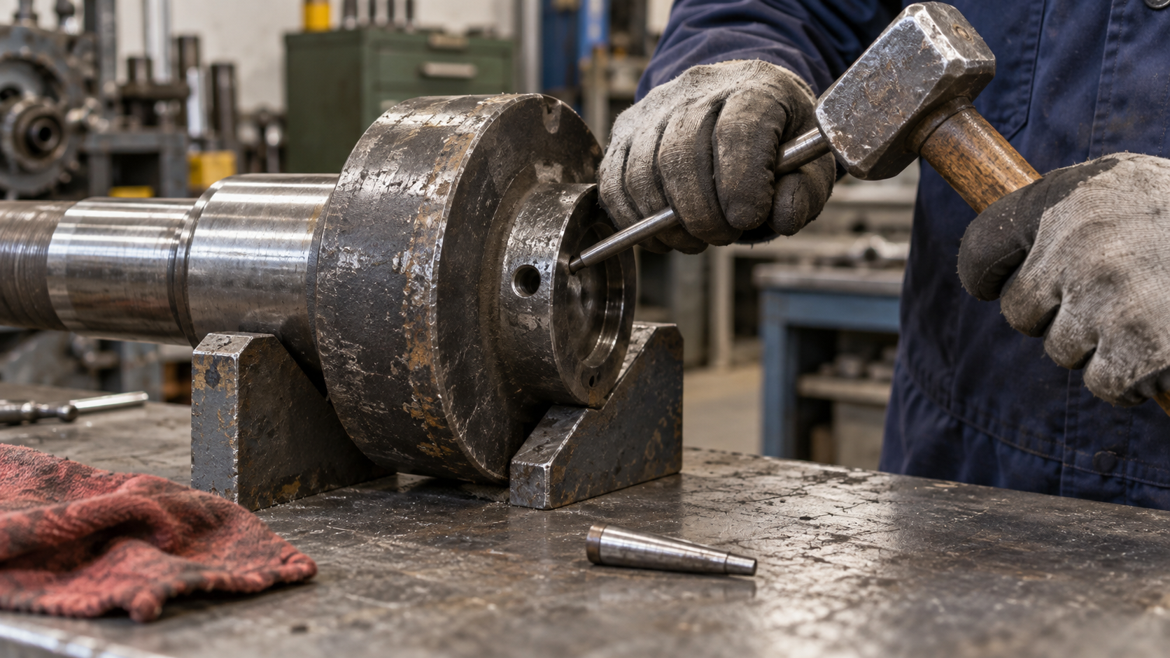 Technician driving a taper pin from the small end with a punch