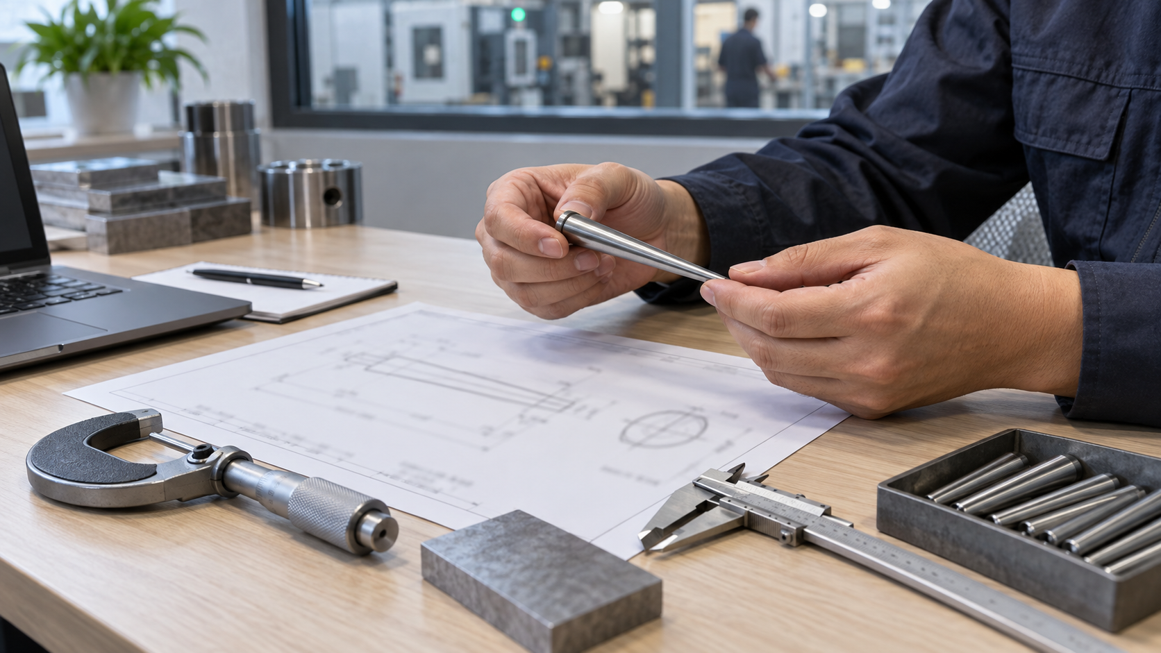 Engineer reviewing a taper pin sample, drawing, caliper, and micrometer for an RFQ