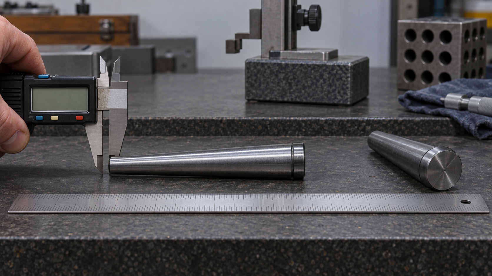 Taper pin measured at the small end with a caliper and ruler on a metrology bench