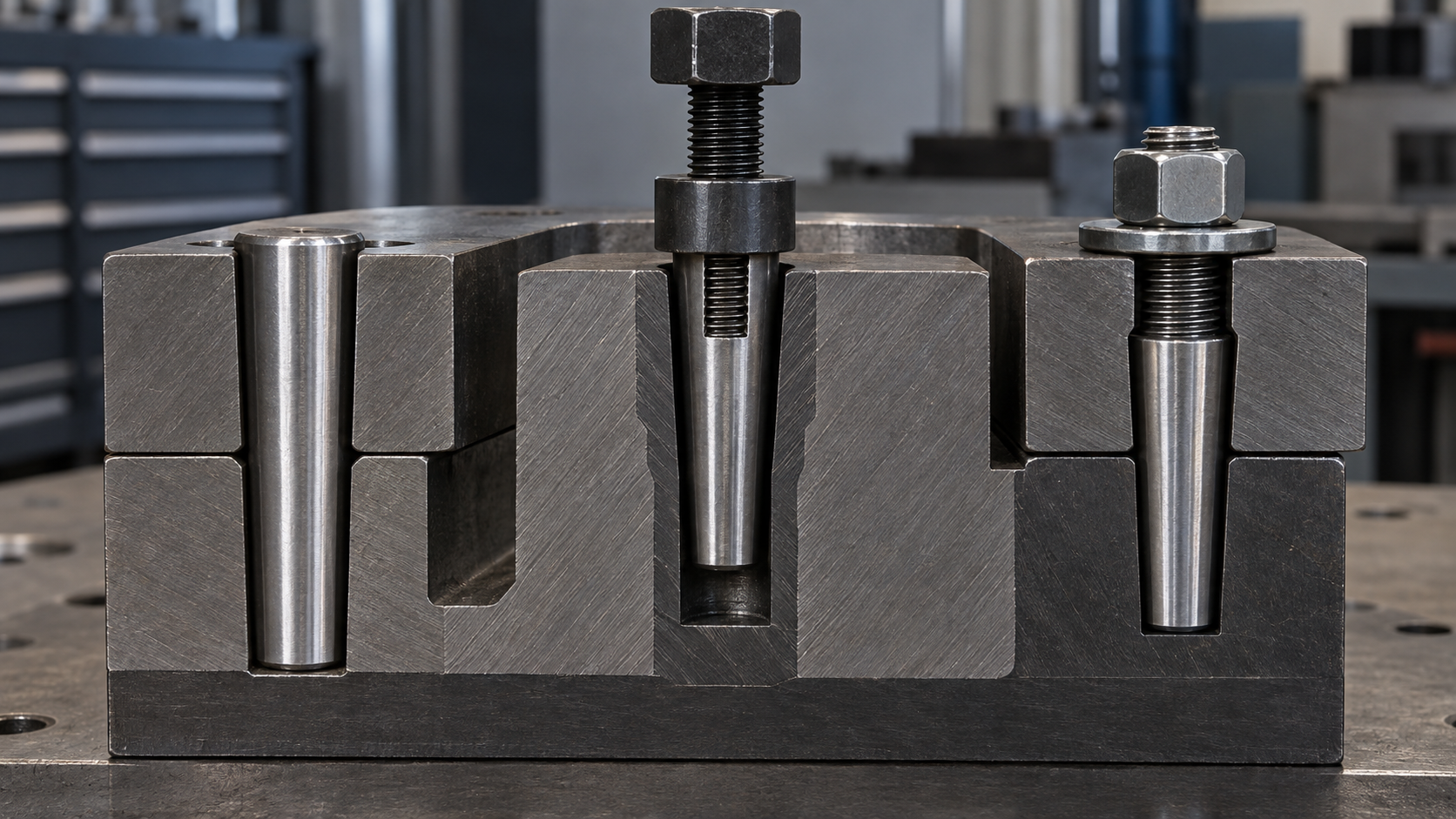 Cutaway fixture showing plain, internally threaded, and externally threaded taper pins