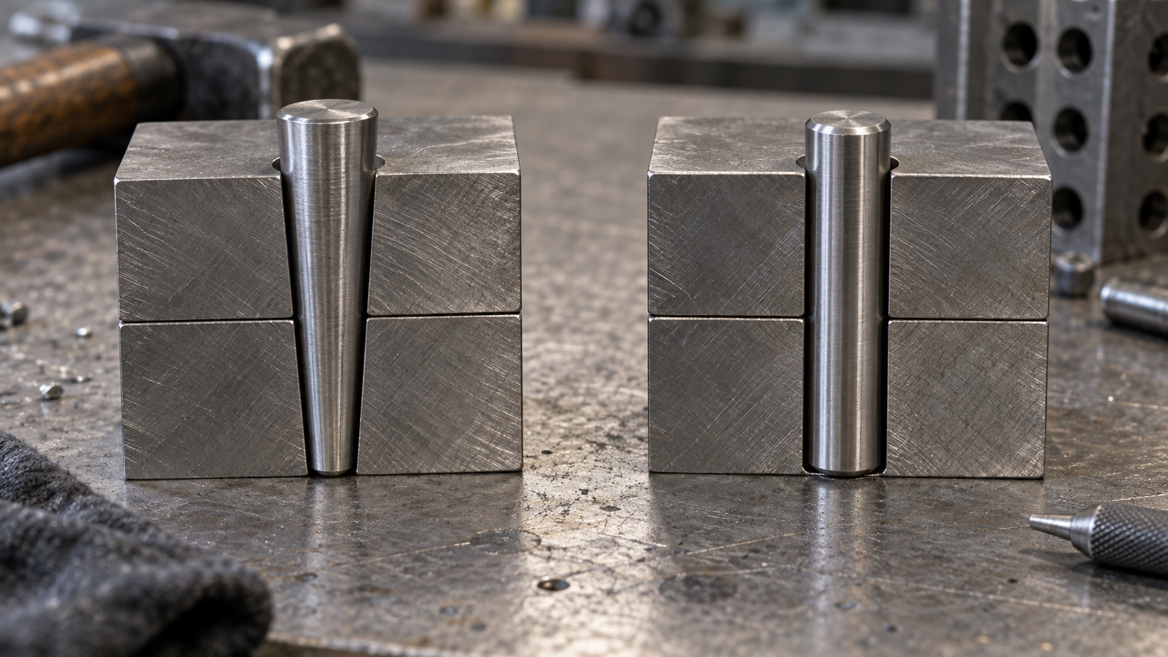 Taper pin in a tapered hole beside a straight dowel pin in a parallel hole